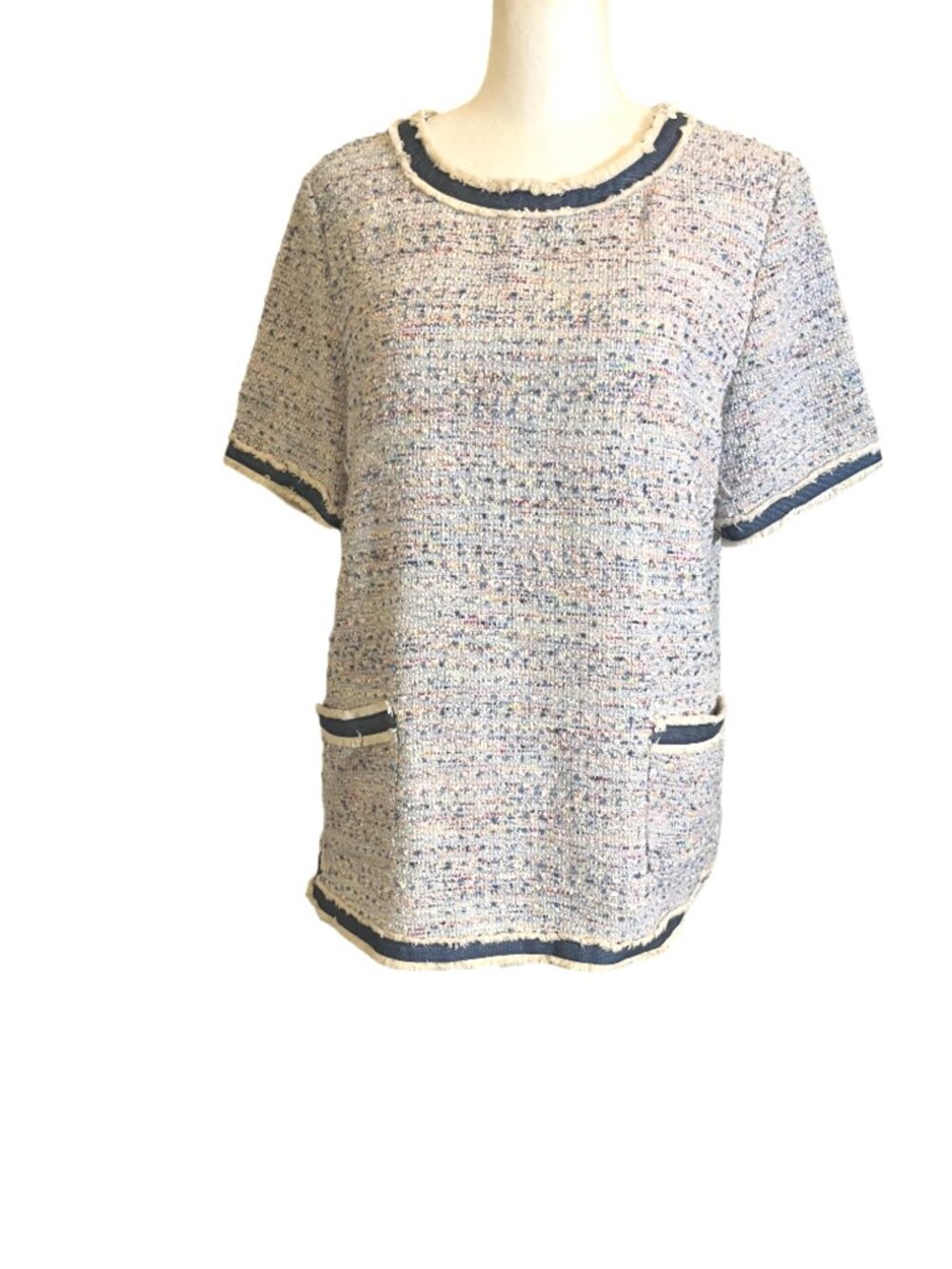 Jade Melody Tam Multicolor Tweed Short Sleeve Denim Trim Raw Edge Top Size Med